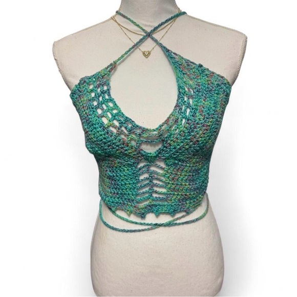 Tops - Handmade Green Crochet Halter Crop Top